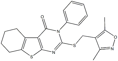 2-{[(3,5-dimethyl-4-isoxazolyl)methyl]sulfanyl}-3-phenyl-5,6,7,8-tetrahydro[1]benzothieno[2,3-d]pyrimidin-4(3H)-one Struktur