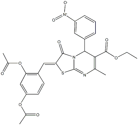 ethyl 2-[2,4-bis(acetyloxy)benzylidene]-5-{3-nitrophenyl}-7-methyl-3-oxo-2,3-dihydro-5H-[1,3]thiazolo[3,2-a]pyrimidine-6-carboxylate Struktur