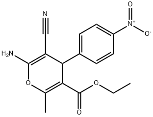 ethyl 6-amino-5-cyano-4-{4-nitrophenyl}-2-methyl-4H-pyran-3-carboxylate Struktur