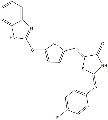 5-{[5-(1H-benzimidazol-2-ylsulfanyl)-2-furyl]methylene}-2-[(4-fluorophenyl)imino]-1,3-thiazolidin-4-one Struktur