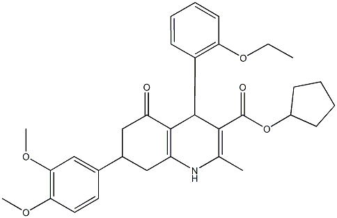 cyclopentyl 7-(3,4-dimethoxyphenyl)-4-(2-ethoxyphenyl)-2-methyl-5-oxo-1,4,5,6,7,8-hexahydro-3-quinolinecarboxylate Struktur