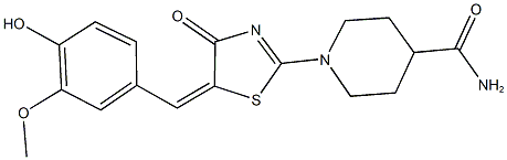 1-[5-(4-hydroxy-3-methoxybenzylidene)-4-oxo-4,5-dihydro-1,3-thiazol-2-yl]-4-piperidinecarboxamide Struktur