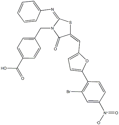 4-{[5-[(5-{2-bromo-4-nitrophenyl}-2-furyl)methylene]-4-oxo-2-(phenylimino)-1,3-thiazolidin-3-yl]methyl}benzoic acid Struktur