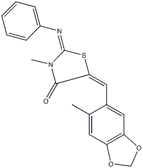 3-methyl-5-[(6-methyl-1,3-benzodioxol-5-yl)methylene]-2-(phenylimino)-1,3-thiazolidin-4-one Struktur