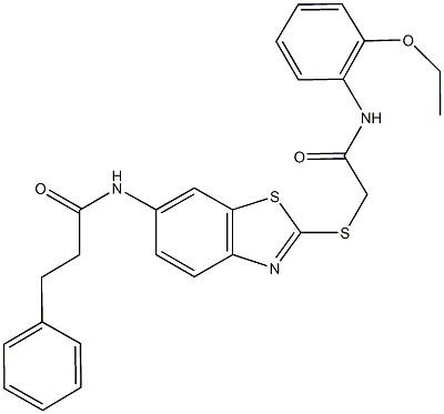 N-(2-{[2-(2-ethoxyanilino)-2-oxoethyl]sulfanyl}-1,3-benzothiazol-6-yl)-3-phenylpropanamide Struktur