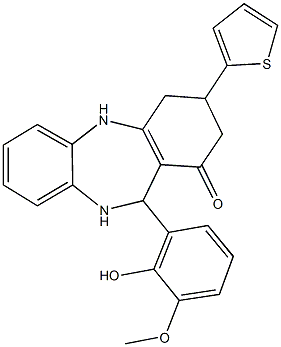 11-(2-hydroxy-3-methoxyphenyl)-3-(2-thienyl)-2,3,4,5,10,11-hexahydro-1H-dibenzo[b,e][1,4]diazepin-1-one Struktur