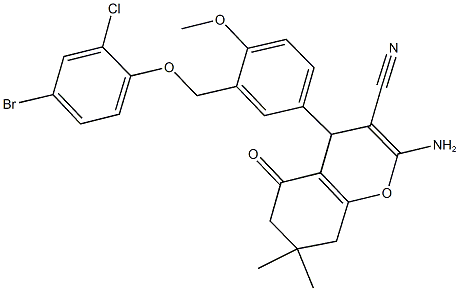 2-amino-4-{3-[(4-bromo-2-chlorophenoxy)methyl]-4-methoxyphenyl}-7,7-dimethyl-5-oxo-5,6,7,8-tetrahydro-4H-chromene-3-carbonitrile Struktur