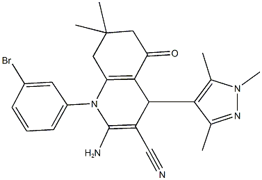 2-amino-1-(3-bromophenyl)-7,7-dimethyl-5-oxo-4-(1,3,5-trimethyl-1H-pyrazol-4-yl)-1,4,5,6,7,8-hexahydro-3-quinolinecarbonitrile Struktur