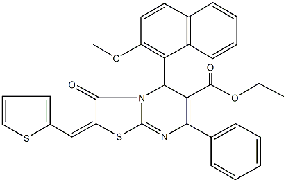 ethyl 5-(2-methoxy-1-naphthyl)-3-oxo-7-phenyl-2-(2-thienylmethylene)-2,3-dihydro-5H-[1,3]thiazolo[3,2-a]pyrimidine-6-carboxylate Struktur