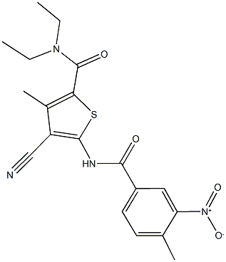 4-cyano-N,N-diethyl-5-({3-nitro-4-methylbenzoyl}amino)-3-methyl-2-thiophenecarboxamide Struktur