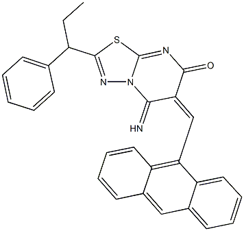 6-(9-anthrylmethylene)-5-imino-2-(1-phenylpropyl)-5,6-dihydro-7H-[1,3,4]thiadiazolo[3,2-a]pyrimidin-7-one Struktur