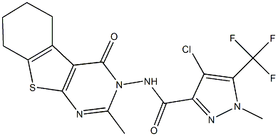 4-chloro-1-methyl-N-(2-methyl-4-oxo-5,6,7,8-tetrahydro[1]benzothieno[2,3-d]pyrimidin-3(4H)-yl)-5-(trifluoromethyl)-1H-pyrazole-3-carboxamide Struktur