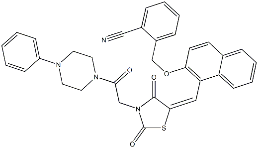 2-({[1-({2,4-dioxo-3-[2-oxo-2-(4-phenyl-1-piperazinyl)ethyl]-1,3-thiazolidin-5-ylidene}methyl)-2-naphthyl]oxy}methyl)benzonitrile Struktur