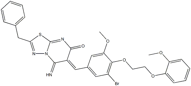 2-benzyl-6-{3-bromo-5-methoxy-4-[2-(2-methoxyphenoxy)ethoxy]benzylidene}-5-imino-5,6-dihydro-7H-[1,3,4]thiadiazolo[3,2-a]pyrimidin-7-one Struktur