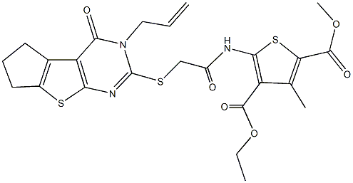 4-ethyl 2-methyl 5-({[(3-allyl-4-oxo-3,5,6,7-tetrahydro-4H-cyclopenta[4,5]thieno[2,3-d]pyrimidin-2-yl)sulfanyl]acetyl}amino)-3-methyl-2,4-thiophenedicarboxylate Struktur