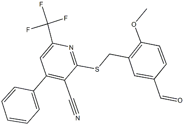 2-[(5-formyl-2-methoxybenzyl)sulfanyl]-4-phenyl-6-(trifluoromethyl)nicotinonitrile Struktur