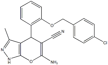 6-amino-4-{2-[(4-chlorobenzyl)oxy]phenyl}-3-methyl-1,4-dihydropyrano[2,3-c]pyrazole-5-carbonitrile Struktur