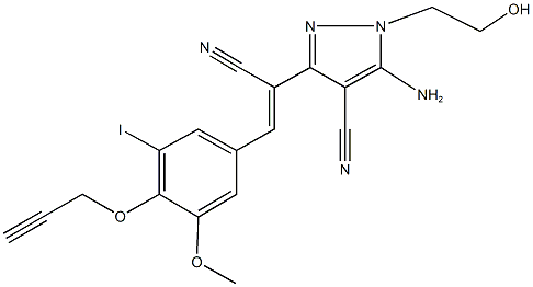 5-amino-3-{1-cyano-2-[3-iodo-5-methoxy-4-(2-propynyloxy)phenyl]vinyl}-1-(2-hydroxyethyl)-1H-pyrazole-4-carbonitrile Struktur