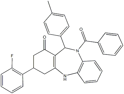 10-benzoyl-3-(2-fluorophenyl)-11-(4-methylphenyl)-2,3,4,5,10,11-hexahydro-1H-dibenzo[b,e][1,4]diazepin-1-one Struktur