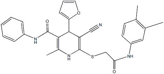 5-cyano-6-{[2-(3,4-dimethylanilino)-2-oxoethyl]sulfanyl}-4-(2-furyl)-2-methyl-N-phenyl-1,4-dihydropyridine-3-carboxamide Struktur