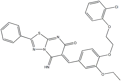 6-{4-[2-(2-chlorophenoxy)ethoxy]-3-ethoxybenzylidene}-5-imino-2-phenyl-5,6-dihydro-7H-[1,3,4]thiadiazolo[3,2-a]pyrimidin-7-one Struktur