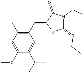 3-ethyl-2-(ethylimino)-5-(5-isopropyl-4-methoxy-2-methylbenzylidene)-1,3-thiazolidin-4-one Struktur