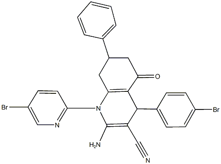 2-amino-4-(4-bromophenyl)-1-(5-bromopyridin-2-yl)-5-oxo-7-phenyl-1,4,5,6,7,8-hexahydroquinoline-3-carbonitrile Struktur