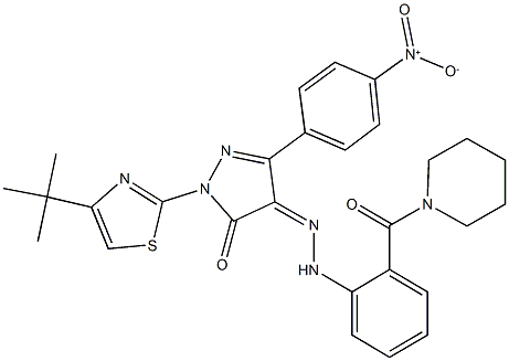 1-(4-tert-butyl-1,3-thiazol-2-yl)-3-{4-nitrophenyl}-1H-pyrazole-4,5-dione 4-{[2-(1-piperidinylcarbonyl)phenyl]hydrazone} Struktur