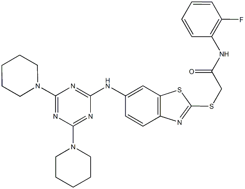 2-[(6-{[4,6-di(1-piperidinyl)-1,3,5-triazin-2-yl]amino}-1,3-benzothiazol-2-yl)sulfanyl]-N-(2-fluorophenyl)acetamide Struktur