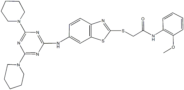 2-[(6-{[4,6-di(1-piperidinyl)-1,3,5-triazin-2-yl]amino}-1,3-benzothiazol-2-yl)sulfanyl]-N-(2-methoxyphenyl)acetamide Struktur