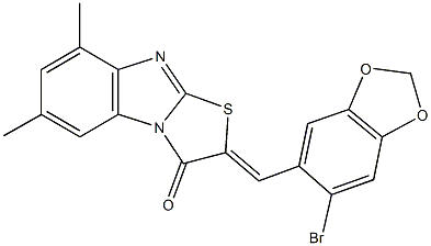 2-[(6-bromo-1,3-benzodioxol-5-yl)methylene]-6,8-dimethyl[1,3]thiazolo[3,2-a]benzimidazol-3(2H)-one Struktur