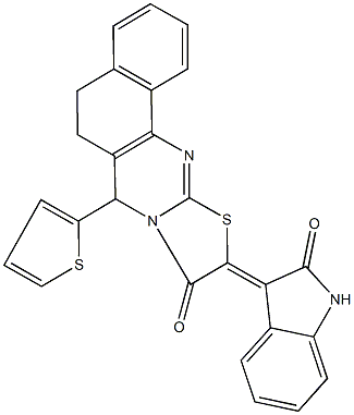 10-(2-oxo-1,2-dihydro-3H-indol-3-ylidene)-7-(2-thienyl)-5,7-dihydro-6H-benzo[h][1,3]thiazolo[2,3-b]quinazolin-9(10H)-one Struktur