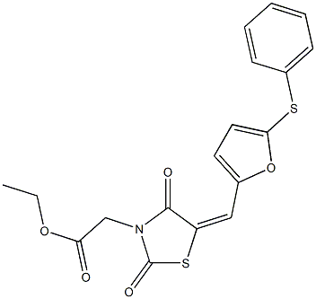 ethyl (2,4-dioxo-5-{[5-(phenylsulfanyl)-2-furyl]methylene}-1,3-thiazolidin-3-yl)acetate Struktur