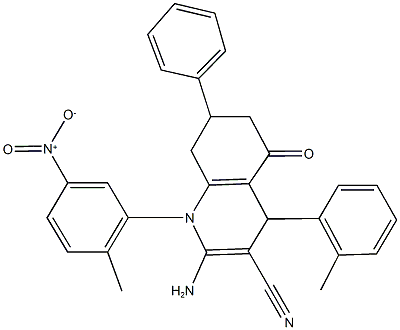 2-amino-1-{5-nitro-2-methylphenyl}-4-(2-methylphenyl)-5-oxo-7-phenyl-1,4,5,6,7,8-hexahydroquinoline-3-carbonitrile Struktur