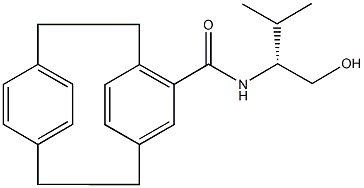 N-[(1R)-1-(hydroxymethyl)-2-methylpropyl]tricyclo[8.2.2.2~4,7~]hexadeca-1(12),4,6,10,13,15-hexaene-5-carboxamide Struktur