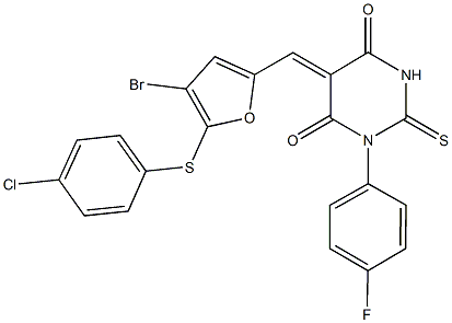 5-({4-bromo-5-[(4-chlorophenyl)sulfanyl]-2-furyl}methylene)-1-(4-fluorophenyl)-2-thioxodihydro-4,6(1H,5H)-pyrimidinedione Struktur