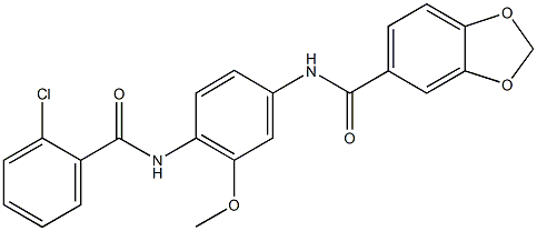 N-{4-[(2-chlorobenzoyl)amino]-3-methoxyphenyl}-1,3-benzodioxole-5-carboxamide Struktur