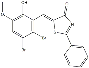 5-(2,3-dibromo-6-hydroxy-5-methoxybenzylidene)-2-phenyl-1,3-thiazol-4(5H)-one Struktur