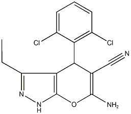 6-amino-4-(2,6-dichlorophenyl)-3-ethyl-1,4-dihydropyrano[2,3-c]pyrazole-5-carbonitrile Struktur