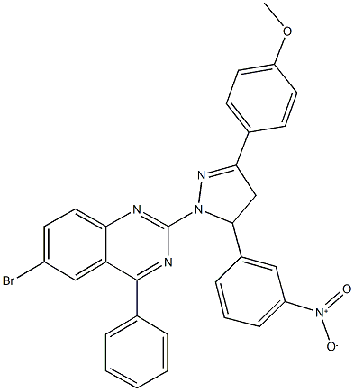 6-bromo-2-{5-{3-nitrophenyl}-3-[4-(methyloxy)phenyl]-4,5-dihydro-1H-pyrazol-1-yl}-4-phenylquinazoline Struktur