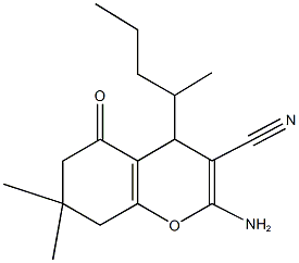 2-amino-7,7-dimethyl-4-(1-methylbutyl)-5-oxo-5,6,7,8-tetrahydro-4H-chromene-3-carbonitrile Struktur