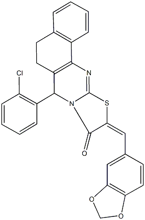 10-(1,3-benzodioxol-5-ylmethylene)-7-(2-chlorophenyl)-5,7-dihydro-6H-benzo[h][1,3]thiazolo[2,3-b]quinazolin-9(10H)-one Struktur