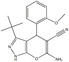 6-amino-3-tert-butyl-4-(2-methoxyphenyl)-1,4-dihydropyrano[2,3-c]pyrazole-5-carbonitrile Struktur