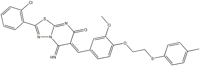 2-(2-chlorophenyl)-5-imino-6-(3-methoxy-4-{2-[(4-methylphenyl)sulfanyl]ethoxy}benzylidene)-5,6-dihydro-7H-[1,3,4]thiadiazolo[3,2-a]pyrimidin-7-one Struktur