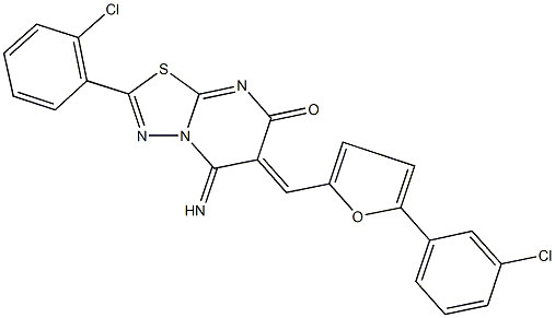 2-(2-chlorophenyl)-6-{[5-(3-chlorophenyl)-2-furyl]methylene}-5-imino-5,6-dihydro-7H-[1,3,4]thiadiazolo[3,2-a]pyrimidin-7-one Struktur