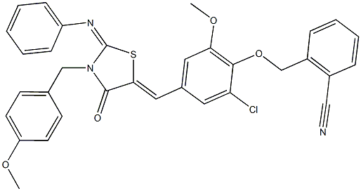 2-[(2-chloro-6-methoxy-4-{[3-(4-methoxybenzyl)-4-oxo-2-(phenylimino)-1,3-thiazolidin-5-ylidene]methyl}phenoxy)methyl]benzonitrile Struktur