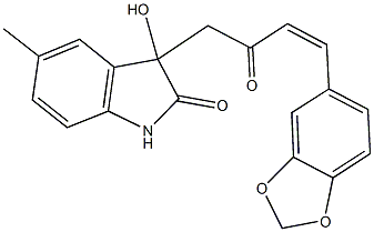 3-[4-(1,3-benzodioxol-5-yl)-2-oxo-3-butenyl]-3-hydroxy-5-methyl-1,3-dihydro-2H-indol-2-one Struktur