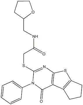 2-[(4-oxo-3-phenyl-3,5,6,7-tetrahydro-4H-cyclopenta[4,5]thieno[2,3-d]pyrimidin-2-yl)sulfanyl]-N-(tetrahydro-2-furanylmethyl)acetamide Struktur