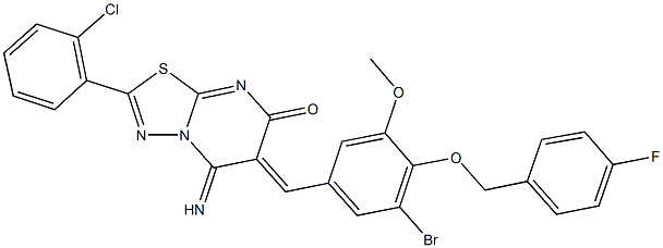 6-{3-bromo-4-[(4-fluorobenzyl)oxy]-5-methoxybenzylidene}-2-(2-chlorophenyl)-5-imino-5,6-dihydro-7H-[1,3,4]thiadiazolo[3,2-a]pyrimidin-7-one Struktur