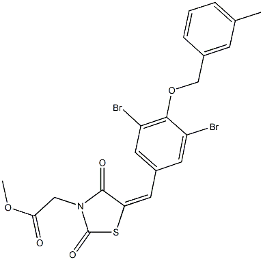 methyl (5-{3,5-dibromo-4-[(3-methylbenzyl)oxy]benzylidene}-2,4-dioxo-1,3-thiazolidin-3-yl)acetate Struktur